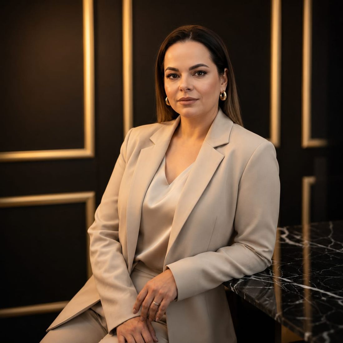 Elisandra Valgas, psicanalista clínica, sentada em um ambiente elegante com detalhes em dourado.